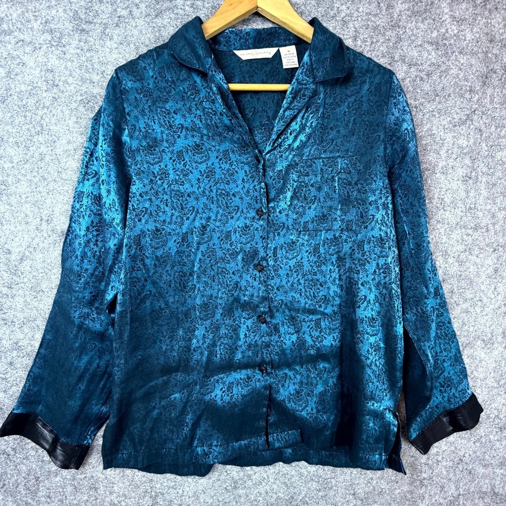 Vintage Private Luxuries Secretary Blouse Womens Medium Teal Blue Button Up
